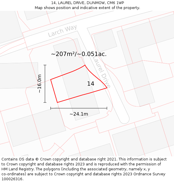 14, LAUREL DRIVE, DUNMOW, CM6 1WP: Plot and title map