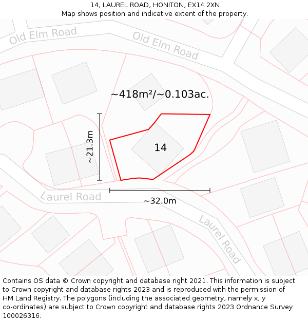 14, LAUREL ROAD, HONITON, EX14 2XN: Plot and title map