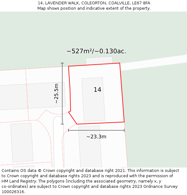 14, LAVENDER WALK, COLEORTON, COALVILLE, LE67 8FA: Plot and title map