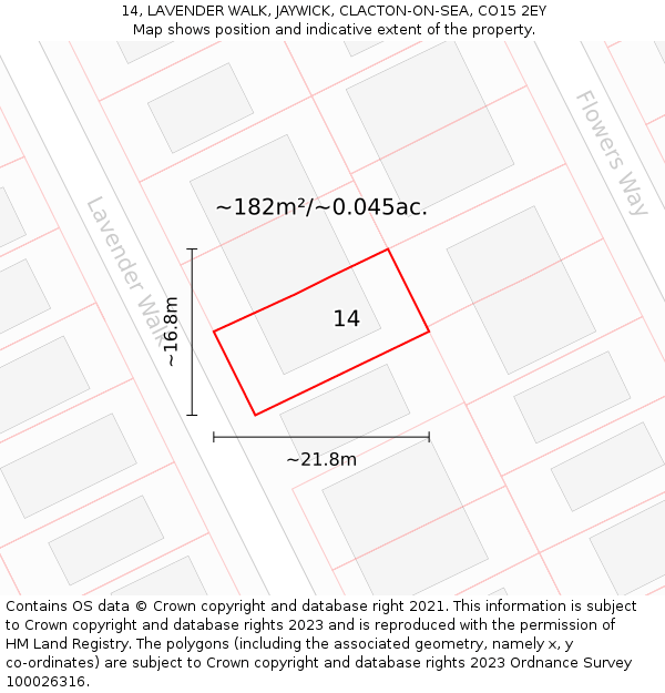 14, LAVENDER WALK, JAYWICK, CLACTON-ON-SEA, CO15 2EY: Plot and title map