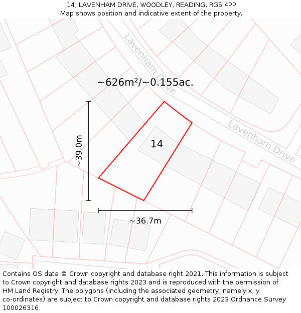 14, LAVENHAM DRIVE, WOODLEY, READING, RG5 4PP: Plot and title map