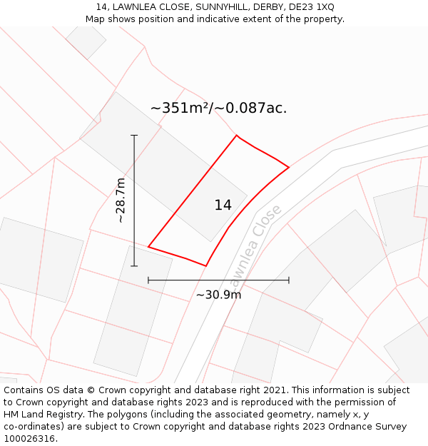 14, LAWNLEA CLOSE, SUNNYHILL, DERBY, DE23 1XQ: Plot and title map
