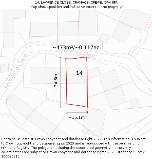 14, LAWRENCE CLOSE, CRANAGE, CREWE, CW4 8FA: Plot and title map