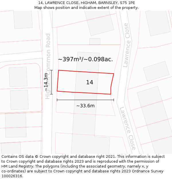 14, LAWRENCE CLOSE, HIGHAM, BARNSLEY, S75 1PE: Plot and title map