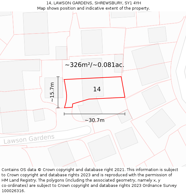 14, LAWSON GARDENS, SHREWSBURY, SY1 4YH: Plot and title map