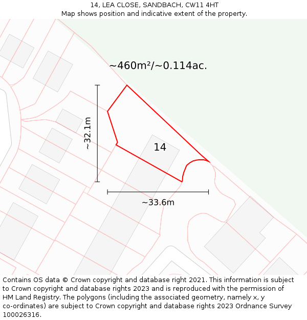 14, LEA CLOSE, SANDBACH, CW11 4HT: Plot and title map