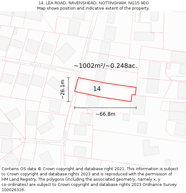 14, LEA ROAD, RAVENSHEAD, NOTTINGHAM, NG15 9EG: Plot and title map