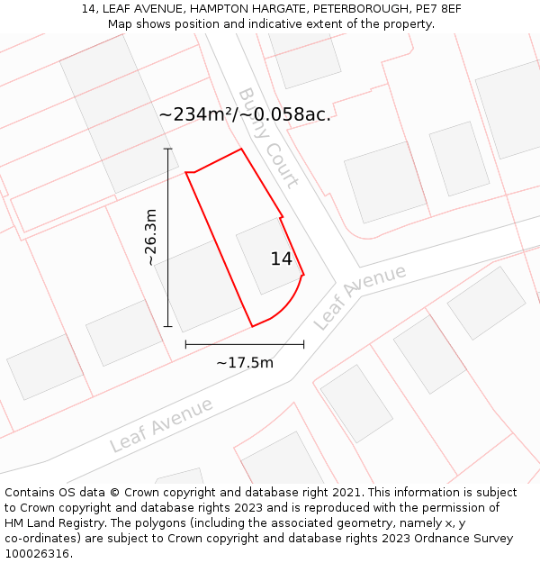 14, LEAF AVENUE, HAMPTON HARGATE, PETERBOROUGH, PE7 8EF: Plot and title map