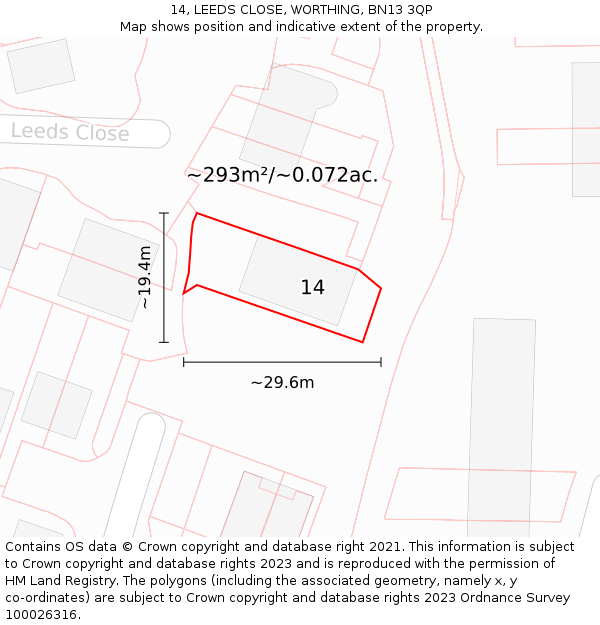 14, LEEDS CLOSE, WORTHING, BN13 3QP: Plot and title map