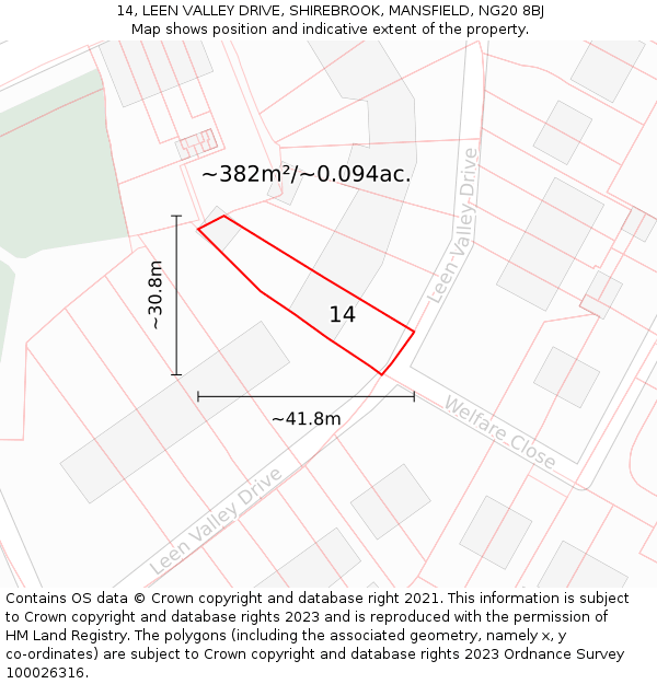 14, LEEN VALLEY DRIVE, SHIREBROOK, MANSFIELD, NG20 8BJ: Plot and title map