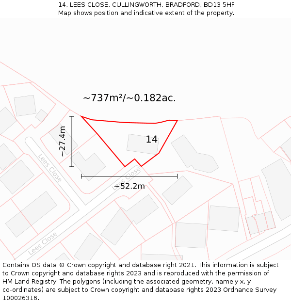 14, LEES CLOSE, CULLINGWORTH, BRADFORD, BD13 5HF: Plot and title map