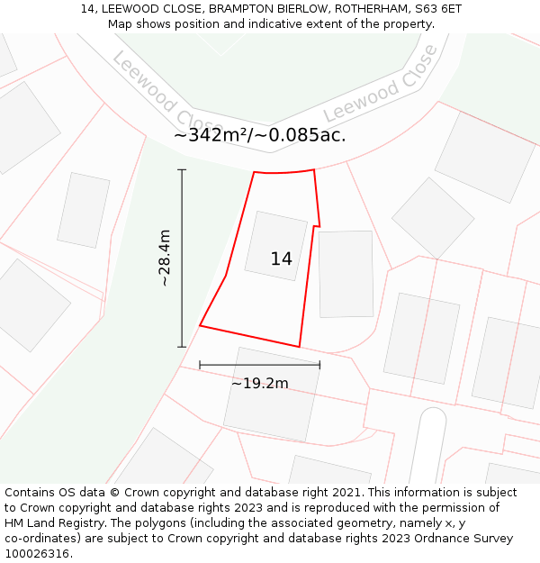 14, LEEWOOD CLOSE, BRAMPTON BIERLOW, ROTHERHAM, S63 6ET: Plot and title map