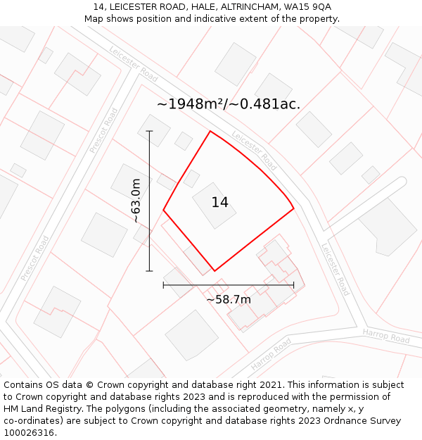 14, LEICESTER ROAD, HALE, ALTRINCHAM, WA15 9QA: Plot and title map