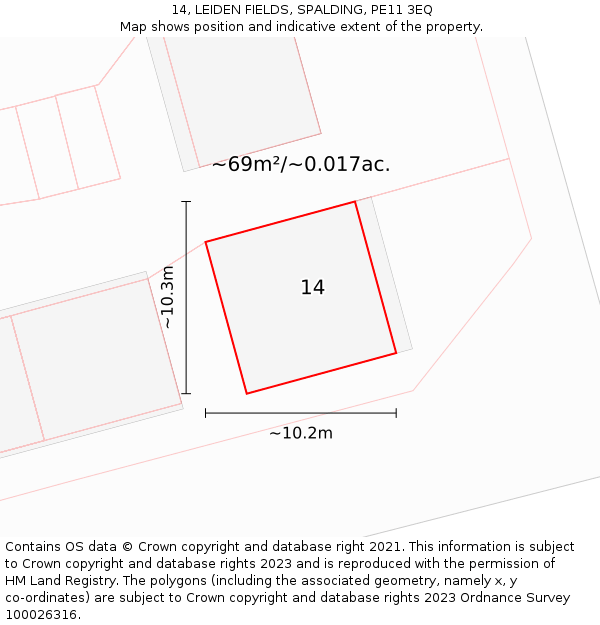 14, LEIDEN FIELDS, SPALDING, PE11 3EQ: Plot and title map
