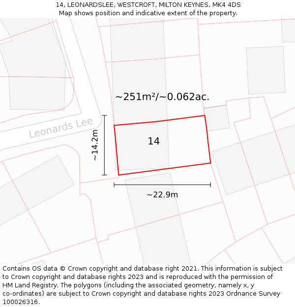 14, LEONARDSLEE, WESTCROFT, MILTON KEYNES, MK4 4DS: Plot and title map