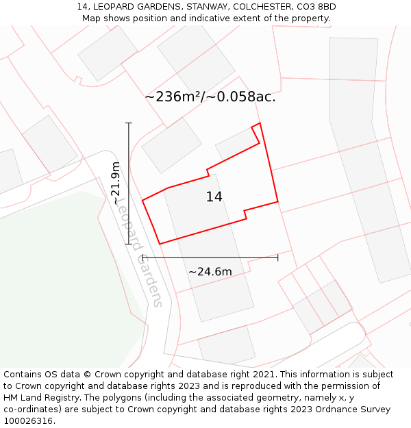 14, LEOPARD GARDENS, STANWAY, COLCHESTER, CO3 8BD: Plot and title map