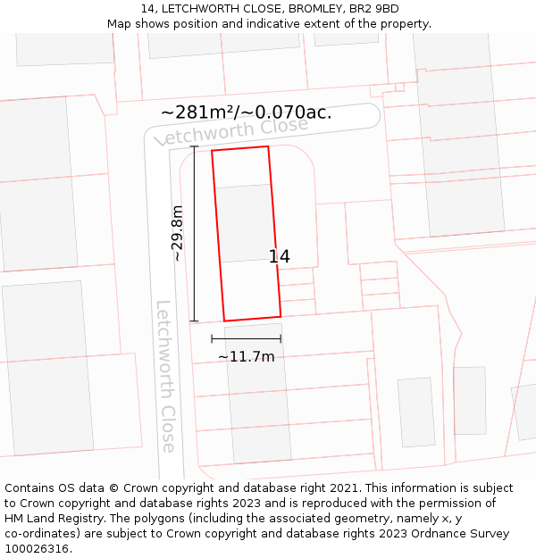 14, LETCHWORTH CLOSE, BROMLEY, BR2 9BD: Plot and title map