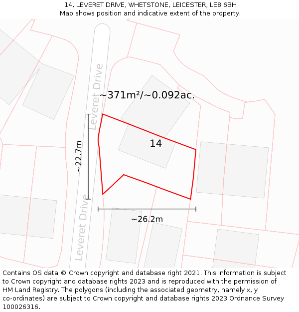 14, LEVERET DRIVE, WHETSTONE, LEICESTER, LE8 6BH: Plot and title map