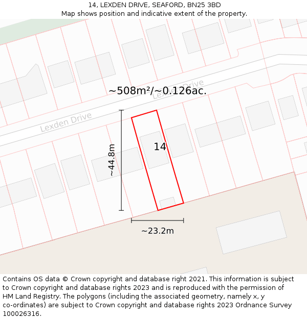 14, LEXDEN DRIVE, SEAFORD, BN25 3BD: Plot and title map