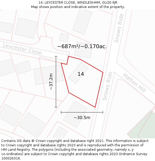 14, LEYCESTER CLOSE, WINDLESHAM, GU20 6JR: Plot and title map