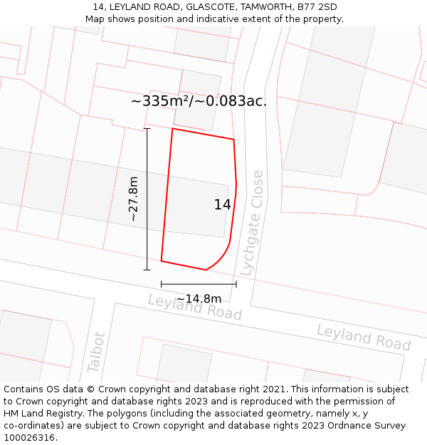 14, LEYLAND ROAD, GLASCOTE, TAMWORTH, B77 2SD: Plot and title map