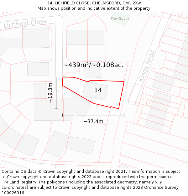 14, LICHFIELD CLOSE, CHELMSFORD, CM1 2XW: Plot and title map