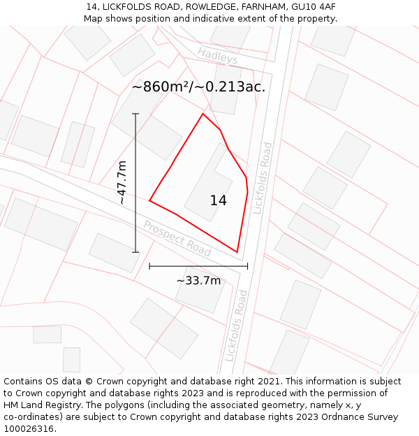 14, LICKFOLDS ROAD, ROWLEDGE, FARNHAM, GU10 4AF: Plot and title map