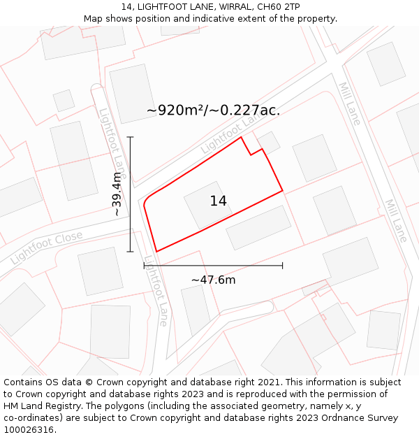 14, LIGHTFOOT LANE, WIRRAL, CH60 2TP: Plot and title map