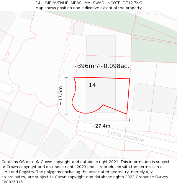 14, LIME AVENUE, MEASHAM, SWADLINCOTE, DE12 7NG: Plot and title map