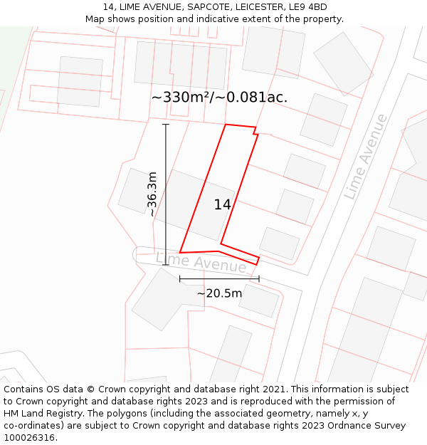 14, LIME AVENUE, SAPCOTE, LEICESTER, LE9 4BD: Plot and title map