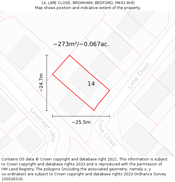 14, LIME CLOSE, BROMHAM, BEDFORD, MK43 8HD: Plot and title map