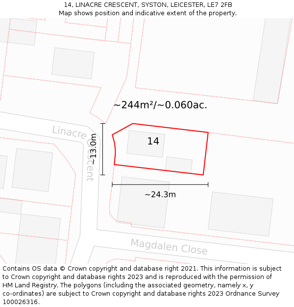 14, LINACRE CRESCENT, SYSTON, LEICESTER, LE7 2FB: Plot and title map