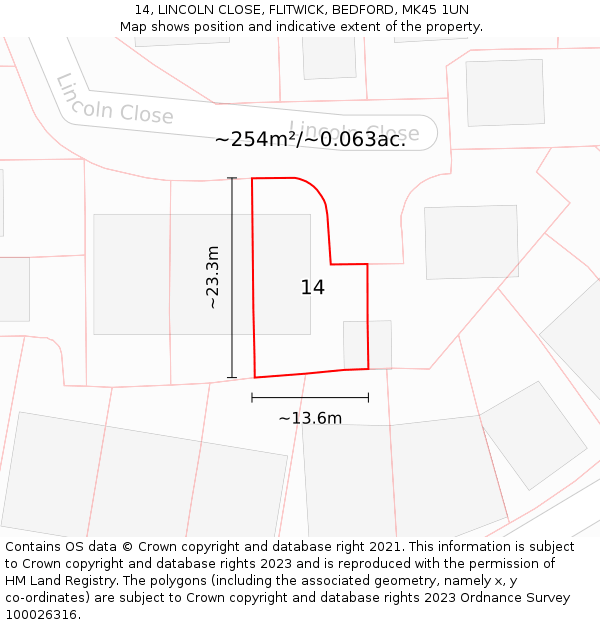 14, LINCOLN CLOSE, FLITWICK, BEDFORD, MK45 1UN: Plot and title map