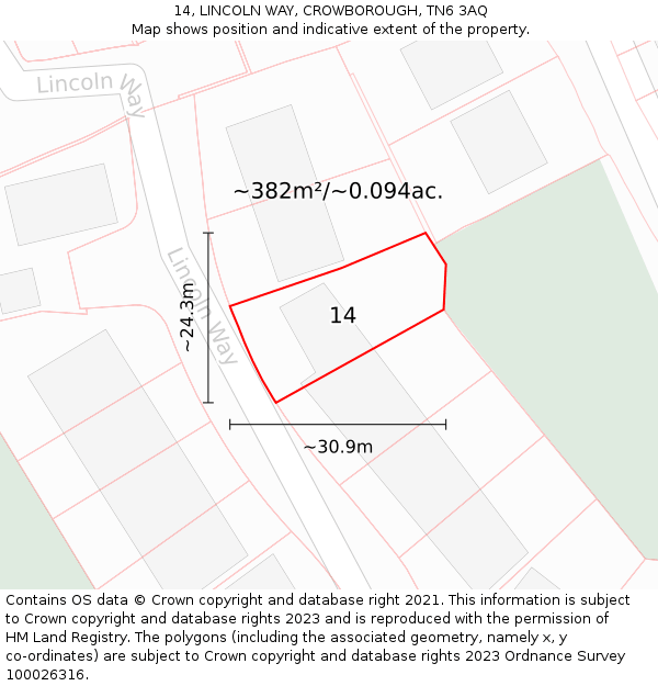 14, LINCOLN WAY, CROWBOROUGH, TN6 3AQ: Plot and title map