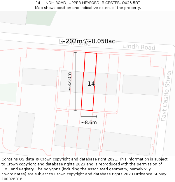 14, LINDH ROAD, UPPER HEYFORD, BICESTER, OX25 5BT: Plot and title map