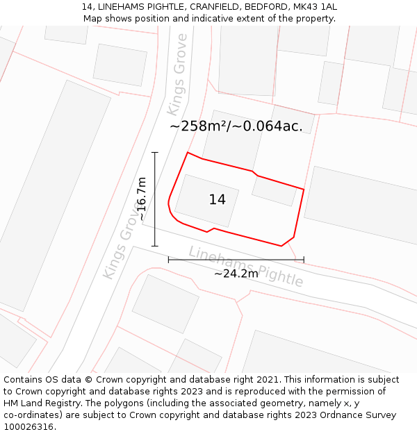14, LINEHAMS PIGHTLE, CRANFIELD, BEDFORD, MK43 1AL: Plot and title map