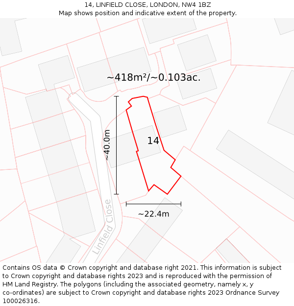 14, LINFIELD CLOSE, LONDON, NW4 1BZ: Plot and title map