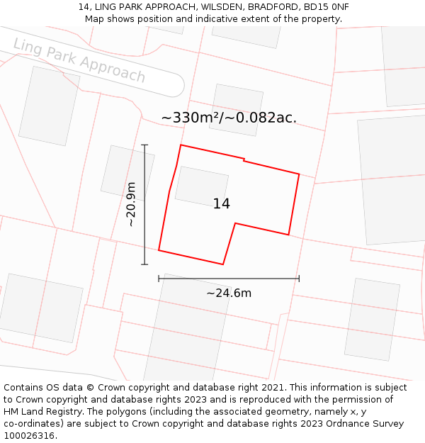 14, LING PARK APPROACH, WILSDEN, BRADFORD, BD15 0NF: Plot and title map