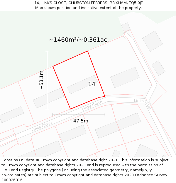 14, LINKS CLOSE, CHURSTON FERRERS, BRIXHAM, TQ5 0JF: Plot and title map