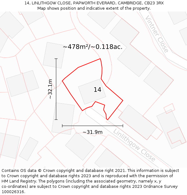14, LINLITHGOW CLOSE, PAPWORTH EVERARD, CAMBRIDGE, CB23 3RX: Plot and title map