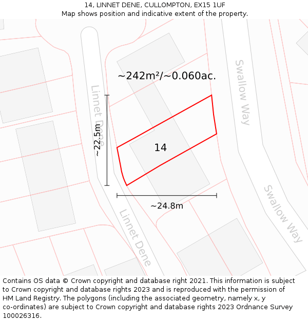14, LINNET DENE, CULLOMPTON, EX15 1UF: Plot and title map