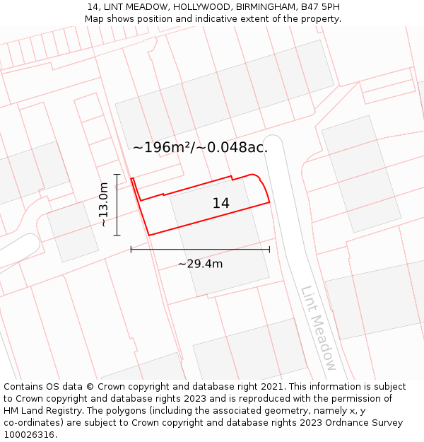 14, LINT MEADOW, HOLLYWOOD, BIRMINGHAM, B47 5PH: Plot and title map