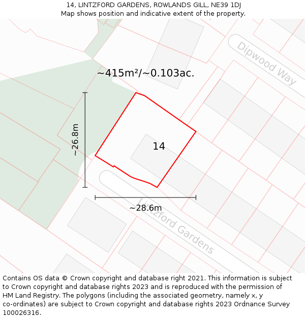 14, LINTZFORD GARDENS, ROWLANDS GILL, NE39 1DJ: Plot and title map