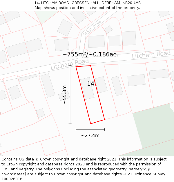 14, LITCHAM ROAD, GRESSENHALL, DEREHAM, NR20 4AR: Plot and title map