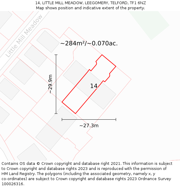 14, LITTLE MILL MEADOW, LEEGOMERY, TELFORD, TF1 6NZ: Plot and title map