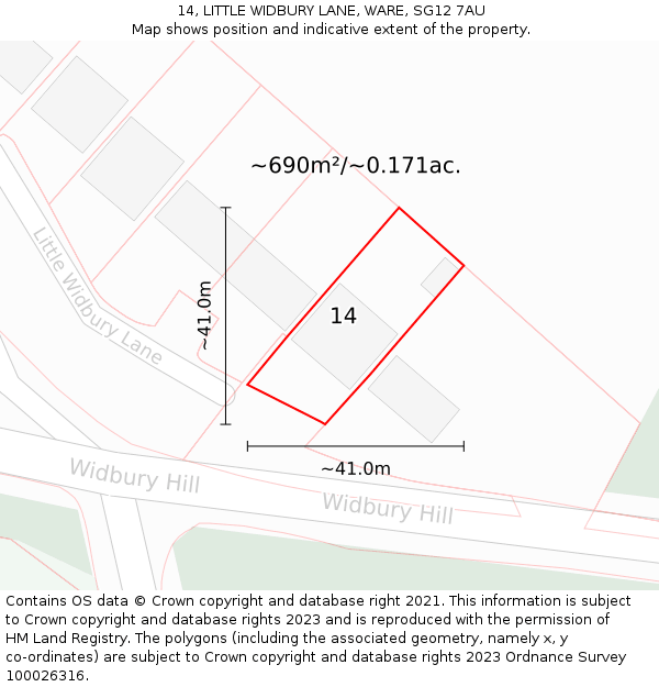 14, LITTLE WIDBURY LANE, WARE, SG12 7AU: Plot and title map