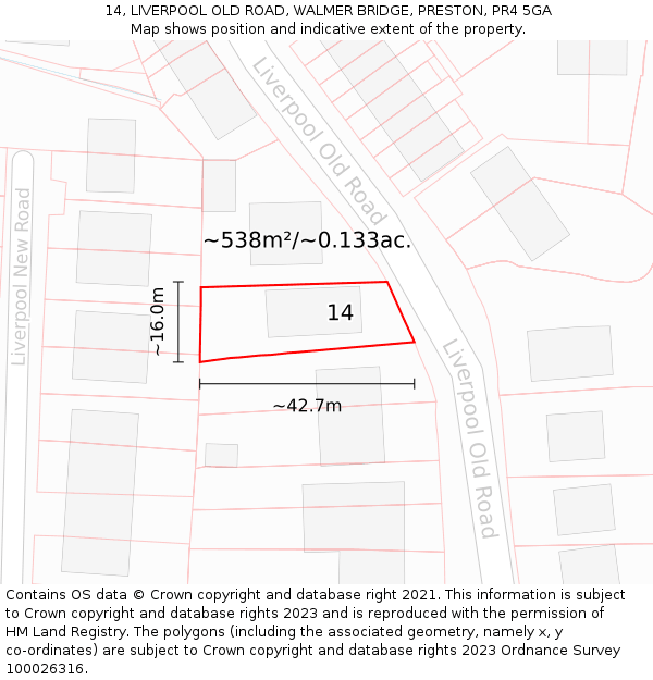 14, LIVERPOOL OLD ROAD, WALMER BRIDGE, PRESTON, PR4 5GA: Plot and title map