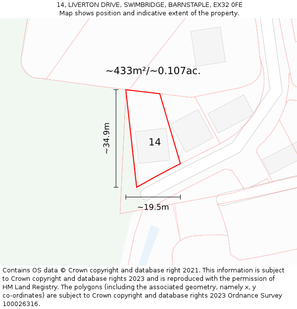 14, LIVERTON DRIVE, SWIMBRIDGE, BARNSTAPLE, EX32 0FE: Plot and title map