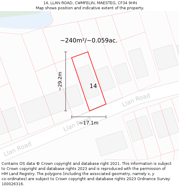 14, LLAN ROAD, CWMFELIN, MAESTEG, CF34 9HN: Plot and title map