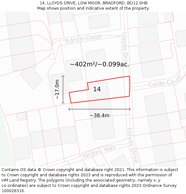 14, LLOYDS DRIVE, LOW MOOR, BRADFORD, BD12 0HB: Plot and title map